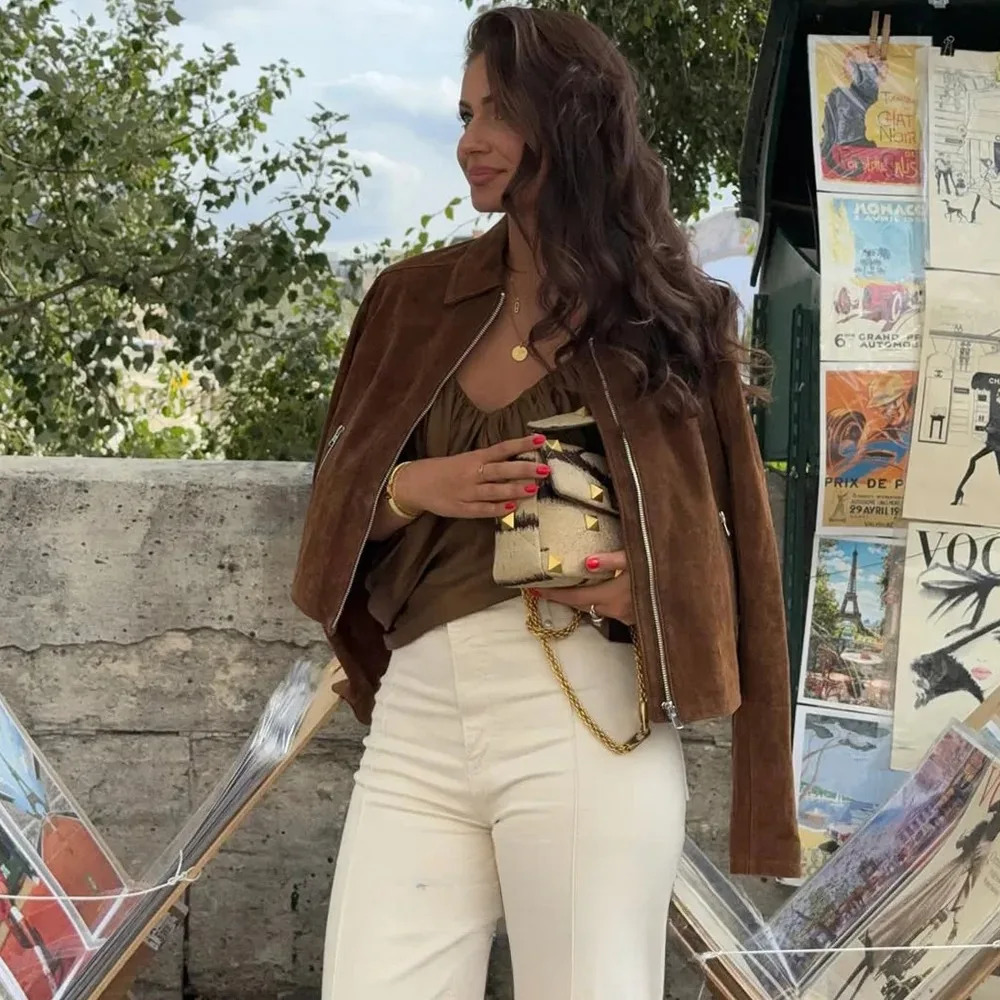 KONDALA Streetwear Suede Slim Jackets Women Zipper Pockets Long Sleeve Coats Fashion Fall Casual Vintage Elegant Outwears 251021