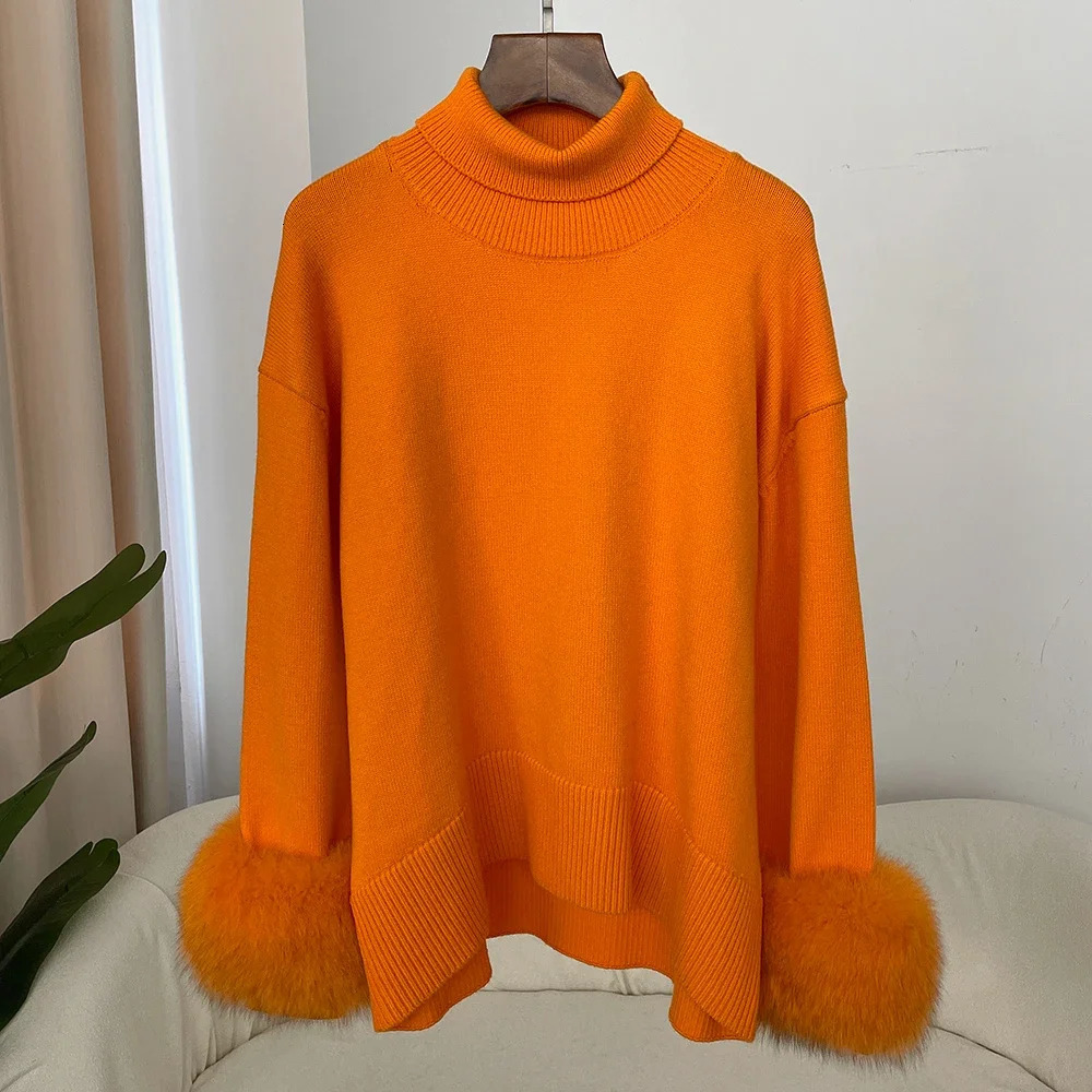 Sweater Women Autumn Winter Fashionable Sweaters with Fox Fur Sleeves Slim Fit Sweaters Fur Knitwear England Style 251016
