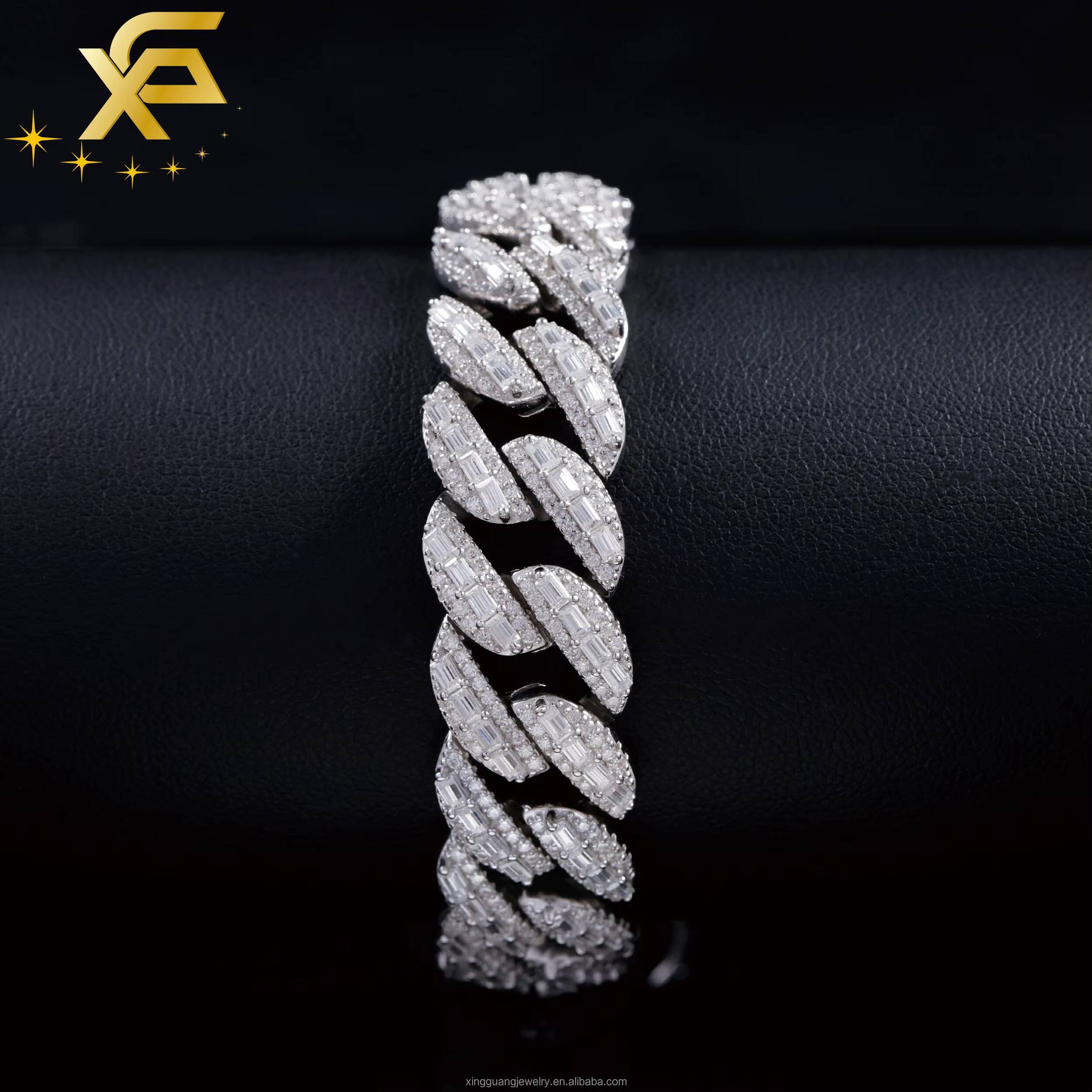 Premium Quality 925 Silver Cuban Lidynamic Chain 15MM VVS Moissanite Baguette Diamond Hip Hop Style Jewelry Cuban Bracelet