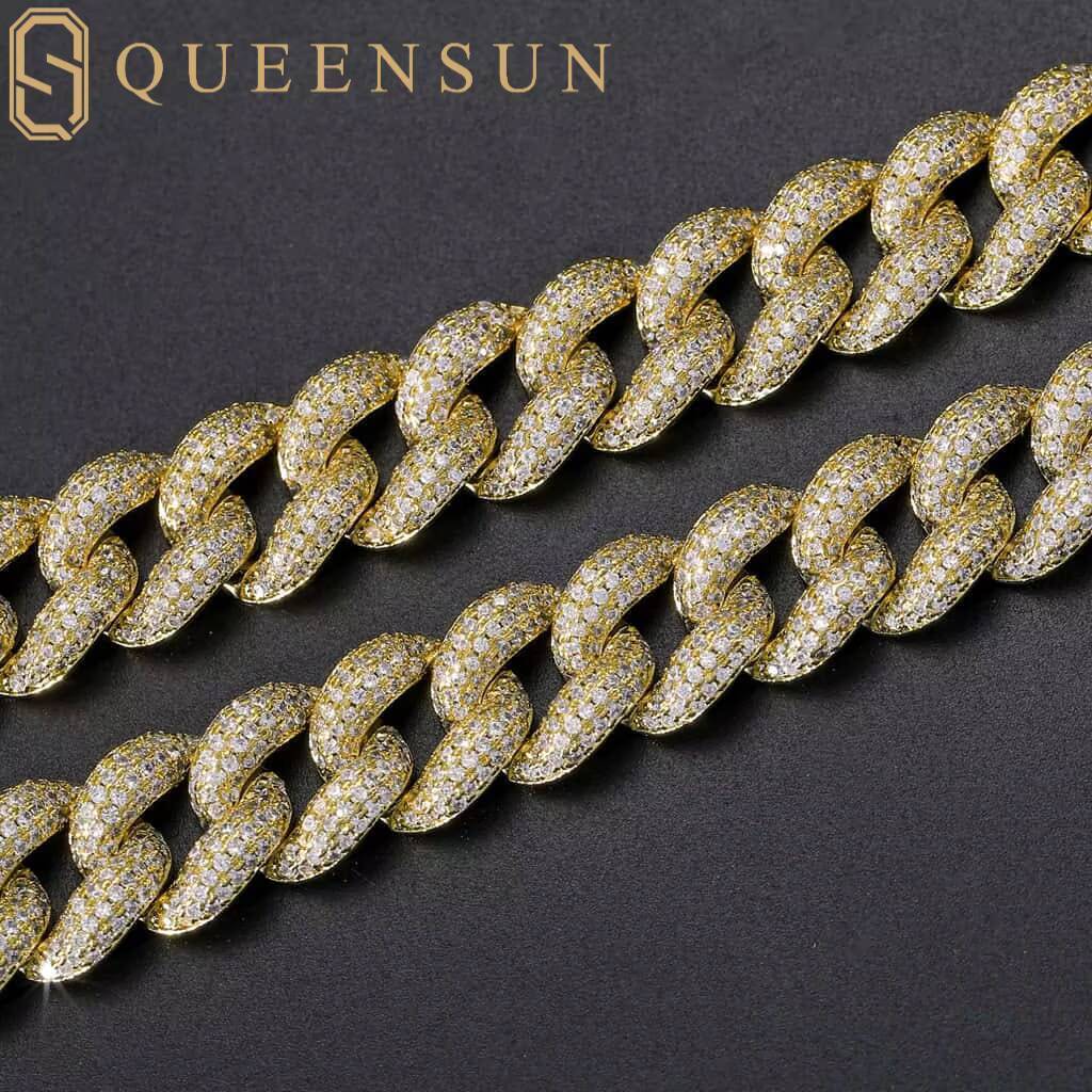 Queensun 18K Solid Gold Moissanite Hiphop Chain Link Bracelet 12mm Miami Cuban Party Bangles with Diamond White Gold Material