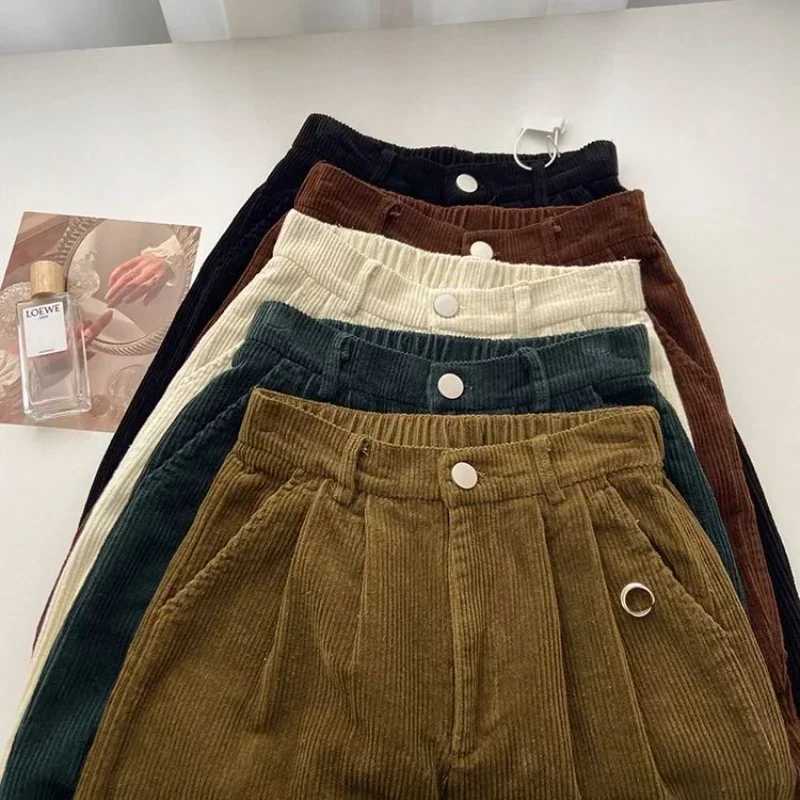 Retro High Waist Corduroy Pants Women Spring Fall Straight Causal Full Length Trousers Korean Fashion Baggy All Match Black PantT251022