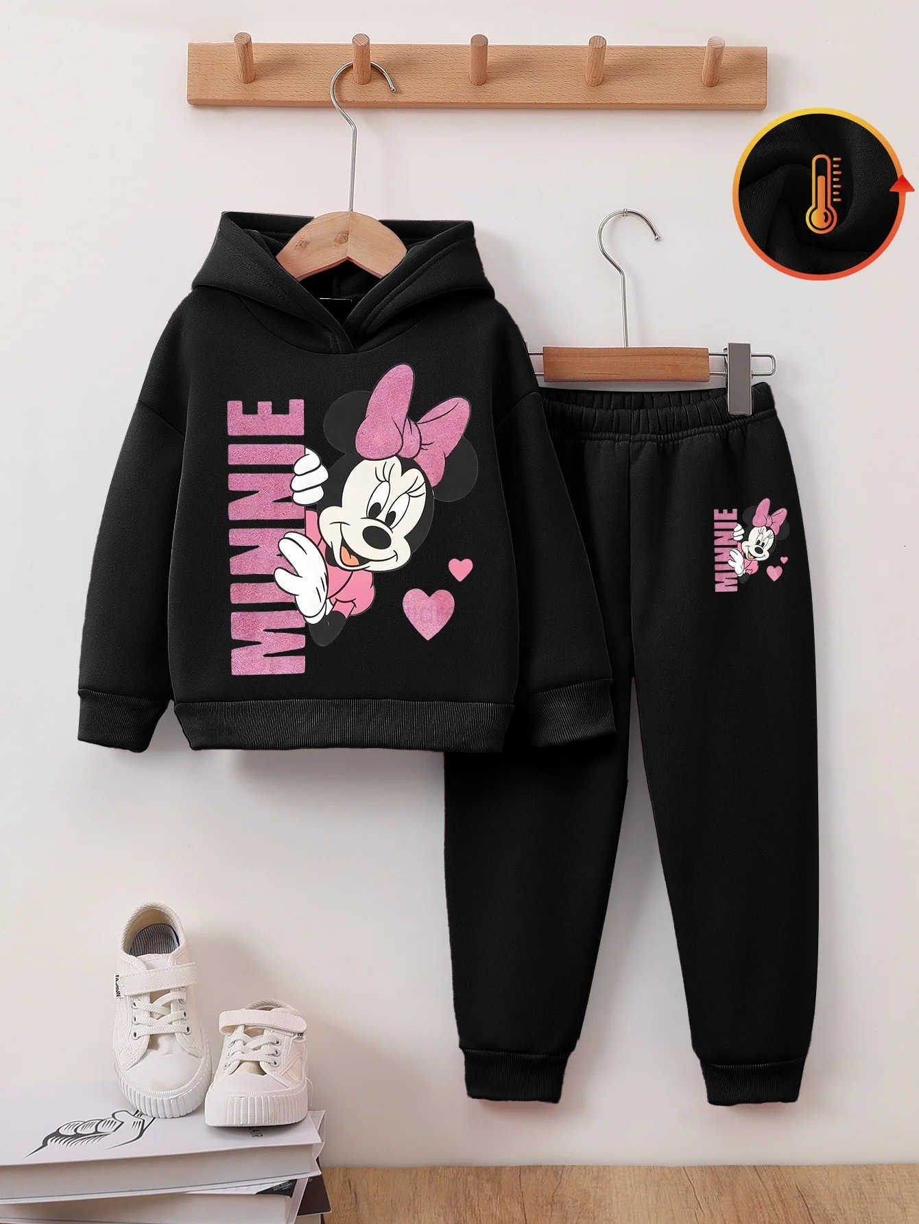 Disney girls twopiece longsleeved pants suit with cute Mickey and Minnie prints new autumn and winter hooded fleece sweatshi H251022