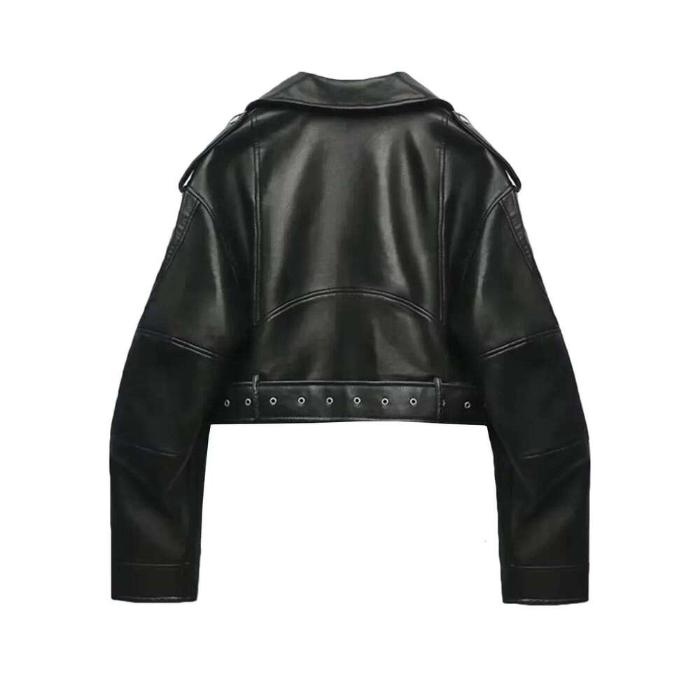 Women Vintage Loose Washed Faux Leather Short Jacket Streetwear Female Zipper Belt Moto Biker Retro Coat Outwear Tops