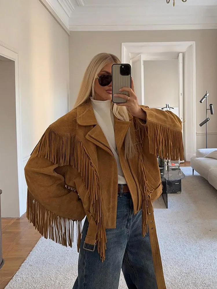 Solid Tassel Suede Leather Jacket Retro Womens Lapel Long Sleeve Short Cropped Coat Female Motorcycle Street Outwear 251016
