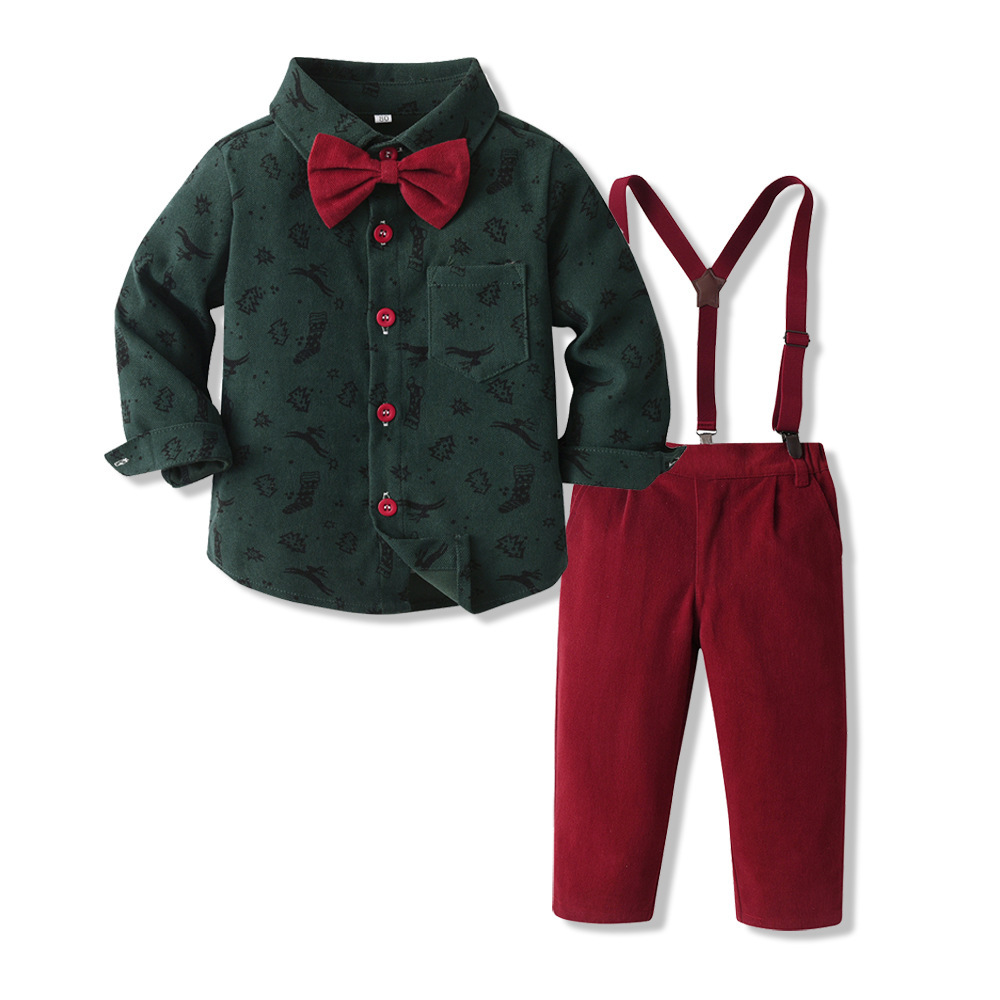 Kids' Autumn Christmas Outfit Foreign Trade Long-Sleeve Shirt & Suspender Pants Set Toddler Boys' Formal Birthday Wear
