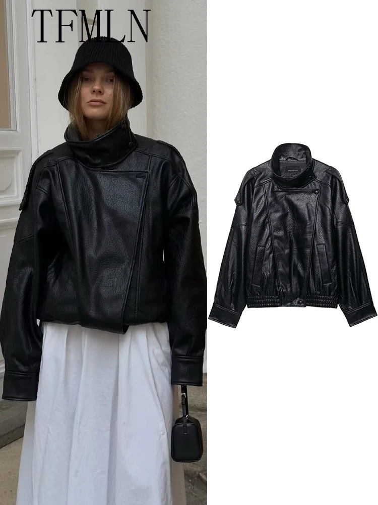 TFMLN Women Faux Leather Loose Jacket High Street Stand Collar Long Sleeve Coat Fashion Causal Zipper Outwear Autumn Winter 251021