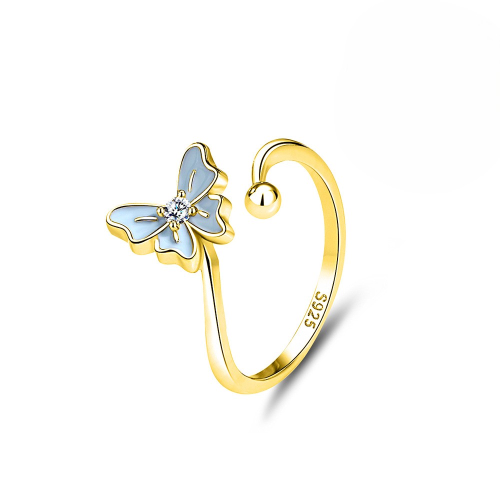 TaiYang NEW S925 Sterling Silver Enchanted Butterfly Ring, Ethereal Blue Fluorescent Floral Adjustable Open Band for Women