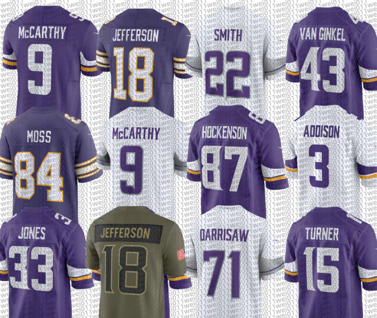 J.J. McCarthy Justin Jefferson Isaiah Rodgers Josh Metellus Theo Jackson Carson Wentz Aaron Jones Andrew Van Ginkel Dallas Turner Christian Darrisaw Football Jersey