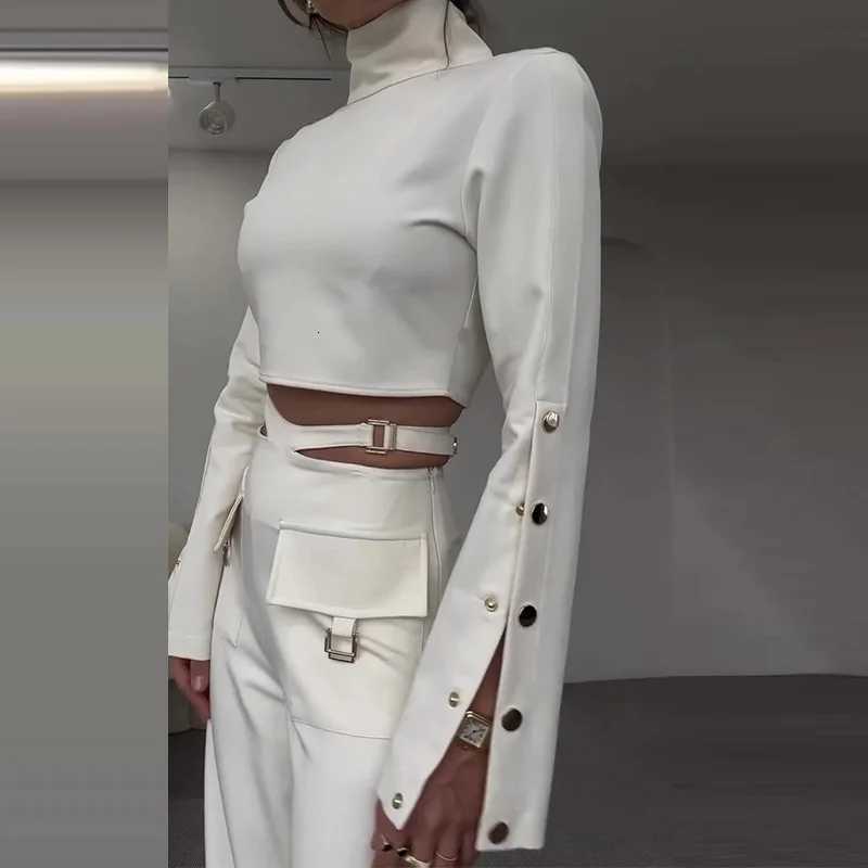 Women Pant Set Two Piece Sets Turtleneck Full Sleeve Cropped Top Sexy Wide Leg Long Pants Loose Casual Elegant Matching SetsT251022
