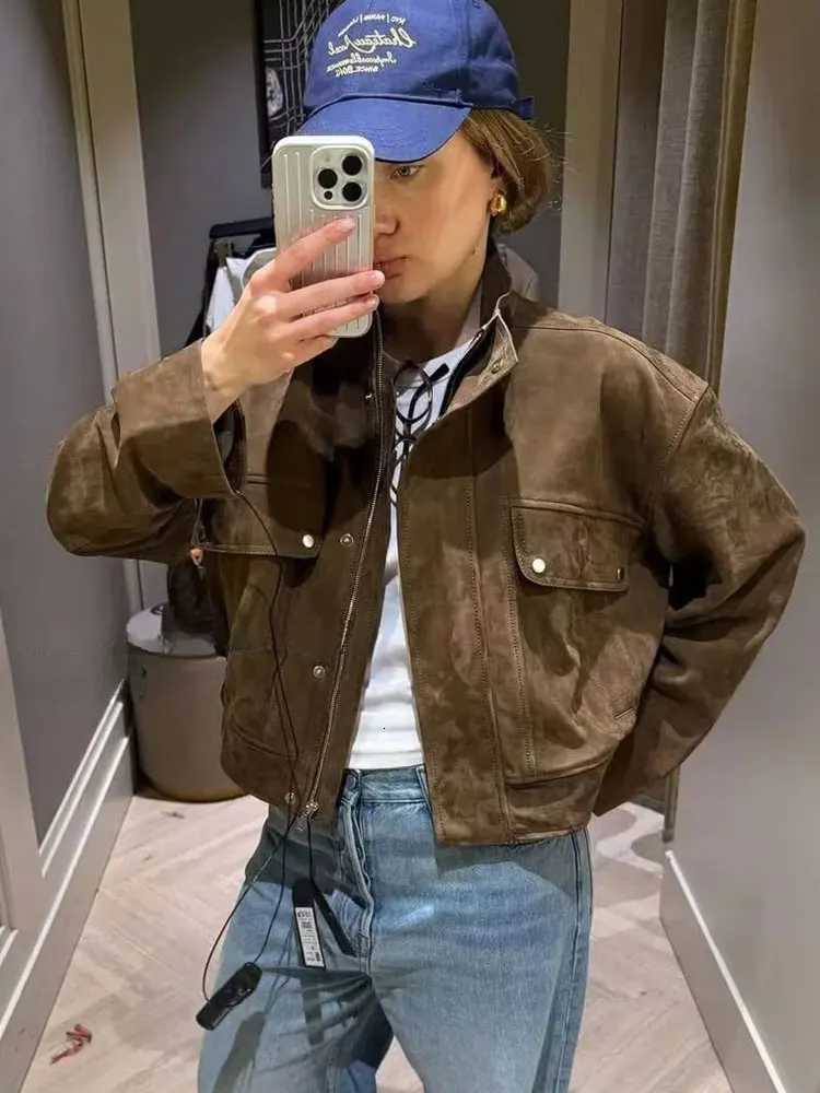 HH 2025 Street Fashion Suede Coat Long Sleeve Zipper Solid Turtleneck With Pockets Bomber Jacket Female Autumn Casual Outwears1 Y251105