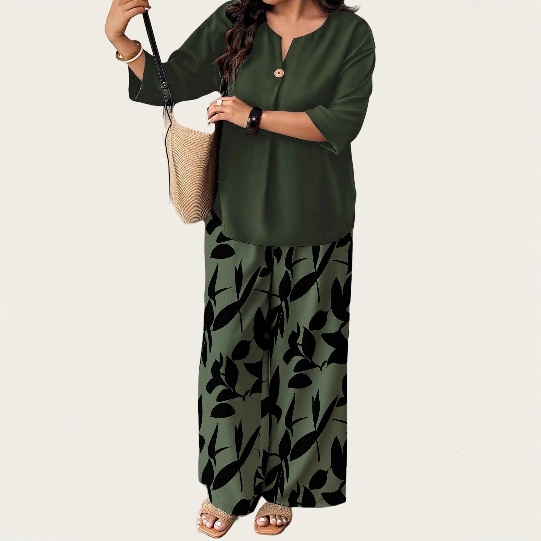 New designer fashionable women's plus size casual loose green two-piece set with leaf print V-neck artistic retro style