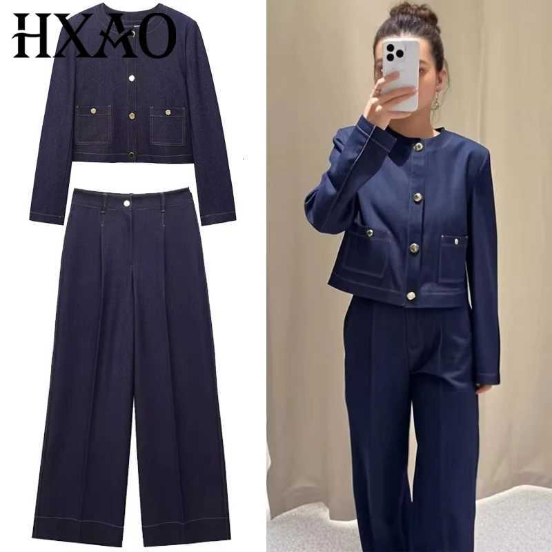 HXAO Woman 2025 Denim Pant Sets Womens Two Pieces Set Elegant Crop ONeck Coat Suit Set 2 Piece Woman High Waist Trousers SetsT251022