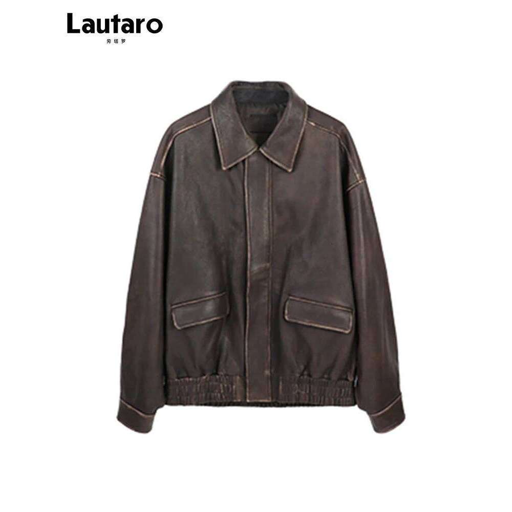 Lautaro Spring Autumn Cool Handsome Retro Oversized Distressed Brown Soft Faux Leather Jackets for Women Zipper Runway Fashion