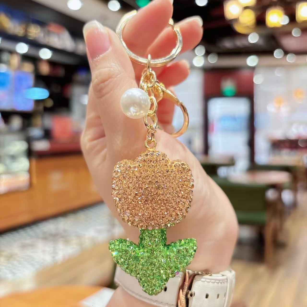 full ceramic tulip keychain fashionable personalized Inlaid diamond flower bag pendant couple gift