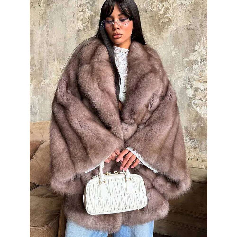 Women Fluffy Faux Fur Coat Fashion Lapel Long Sleeve Loose Pleated Jackets 2025 Winter Female Chic High Street Outerwear