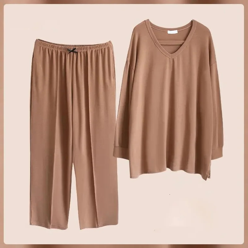 150KG Extra Large Size Loose Pajamas Women Solid Longsleeved Vneck Twopiece Set Spring Casual Loungewear Can Be Worn Outside 251022