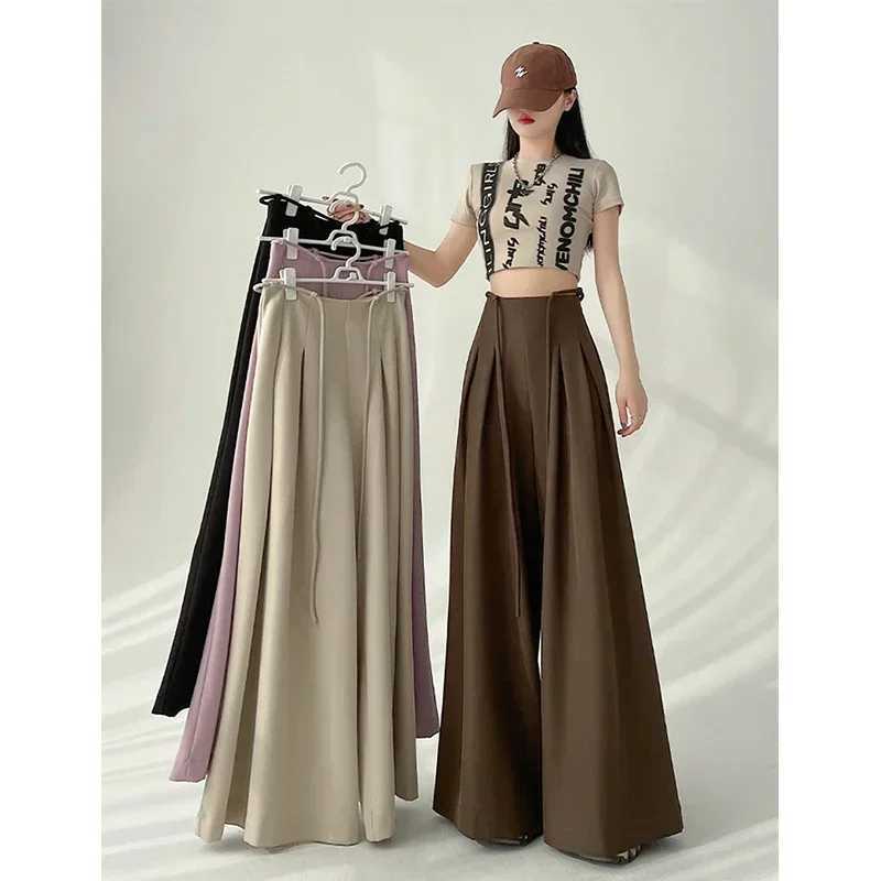 Streetwear Wide Leg Pants Women Korean Black High Waist Suit Pants Summer Fashion Elegant Lace Up Straight Trousers NewT251022