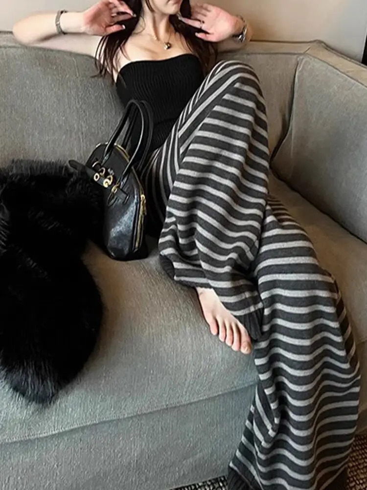 Harajuku Contrast Color Stripe Wide Leg Trousers Vintage Grunge Loose Knitted Casual Pant Y2k Aesthetic Women Straight Pants 251017