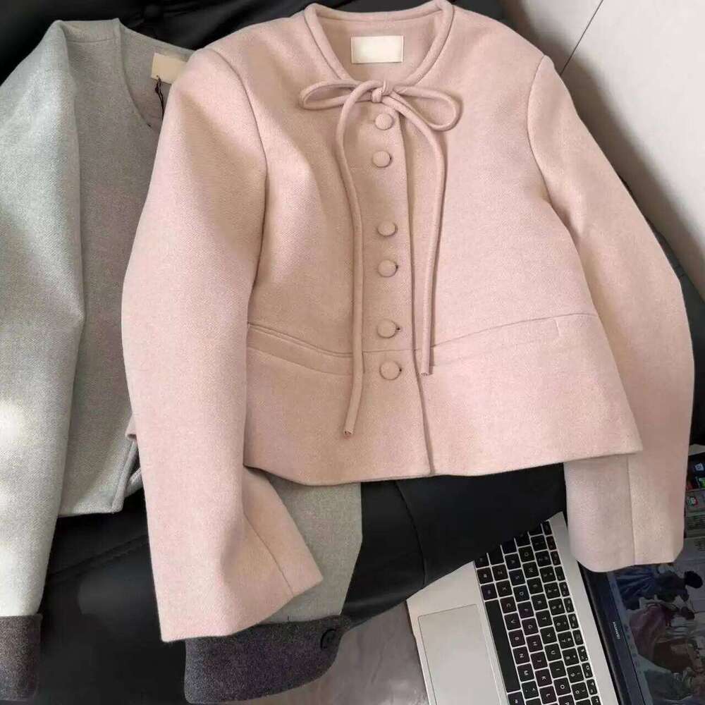 Plus Size Korean Style Short Woolen Coat Women's Loose Fit Butterfly Knot Tied Jacket Autumn Winter New Arrival Casual round ...