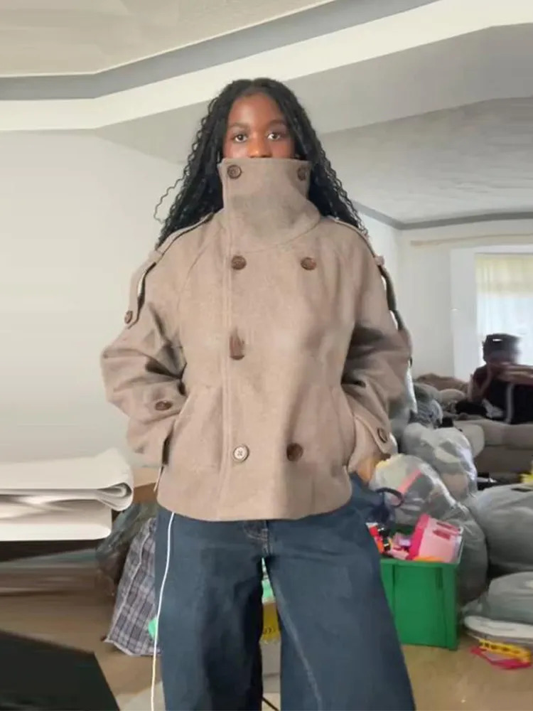 Warm Stand Neck Suede Loose Coats Women Fashion Solid Full Sleeve Double Breasted Jackets Lady Autumn Winter Chic Casual Outwear 251020