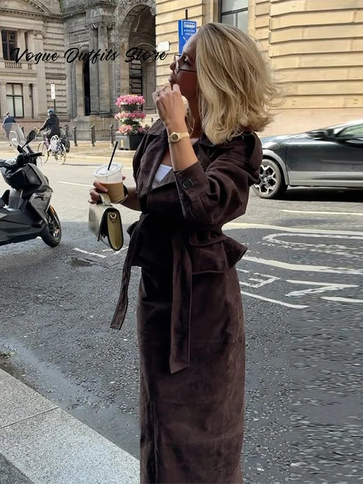 Chic Belt Brown Suede Jackets Women Loose Lapel Single Breasted Full Sleeve Jacket Autumn Lady Street Vintage Outwear 251020