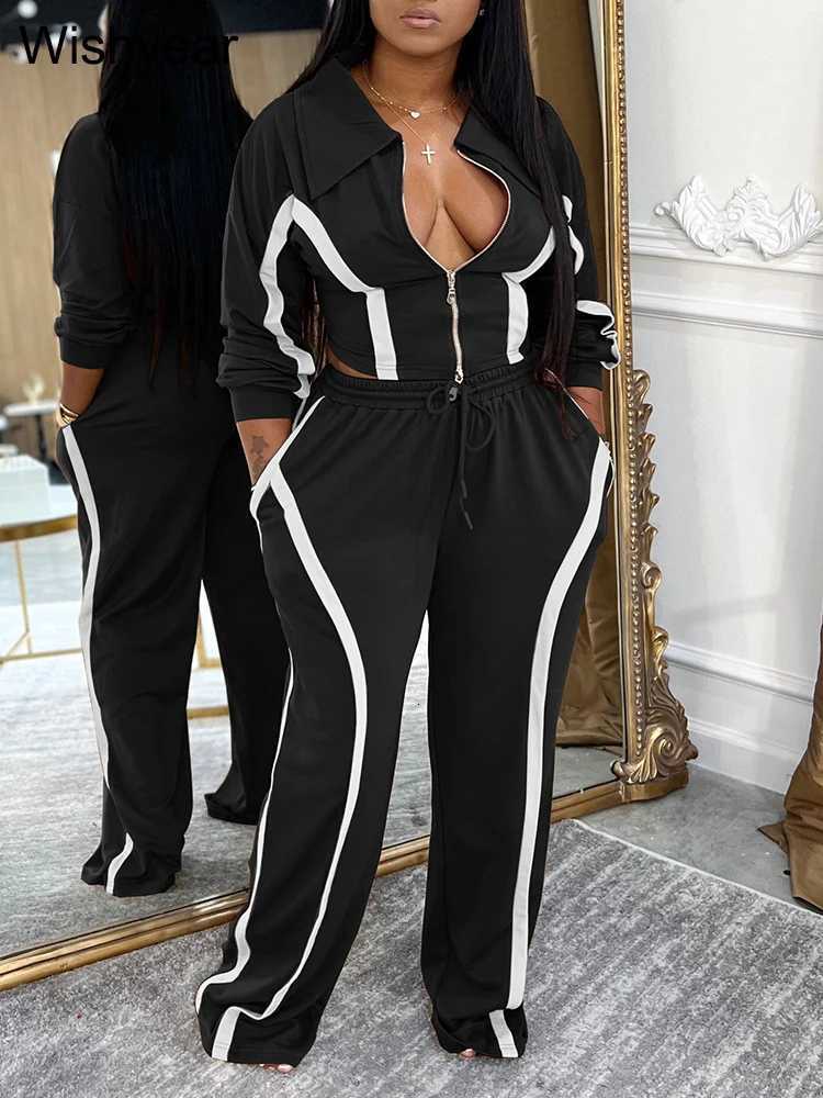 Casual Womens Sportswear 2Piece Set Stripe Patchwork Lapel Long Sleeve Zip Crop Jacket And Wide Leg Pants Tracksuit for FallT251022