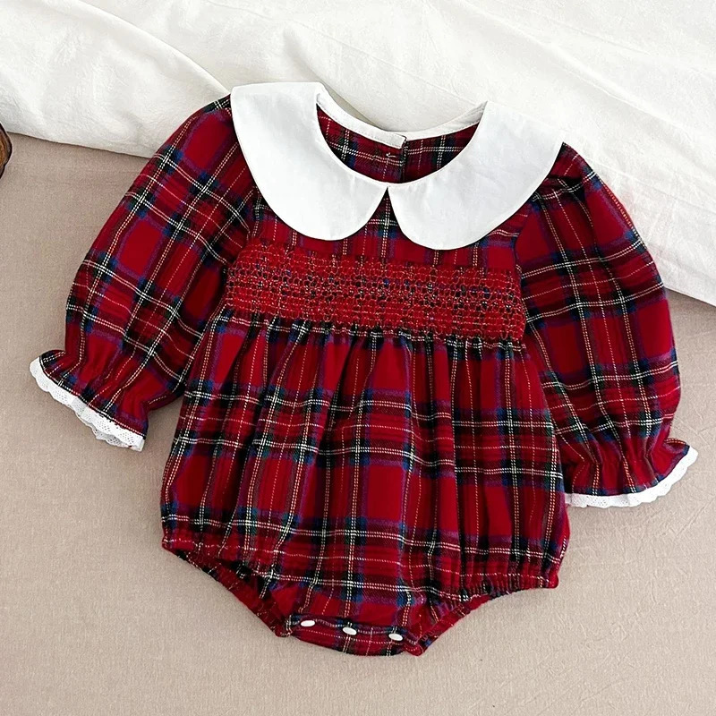 Christmas Infant Baby Girl Romper Autumn Winter born Children Clothes Red Plaid Lapel Long Sleeved 251022