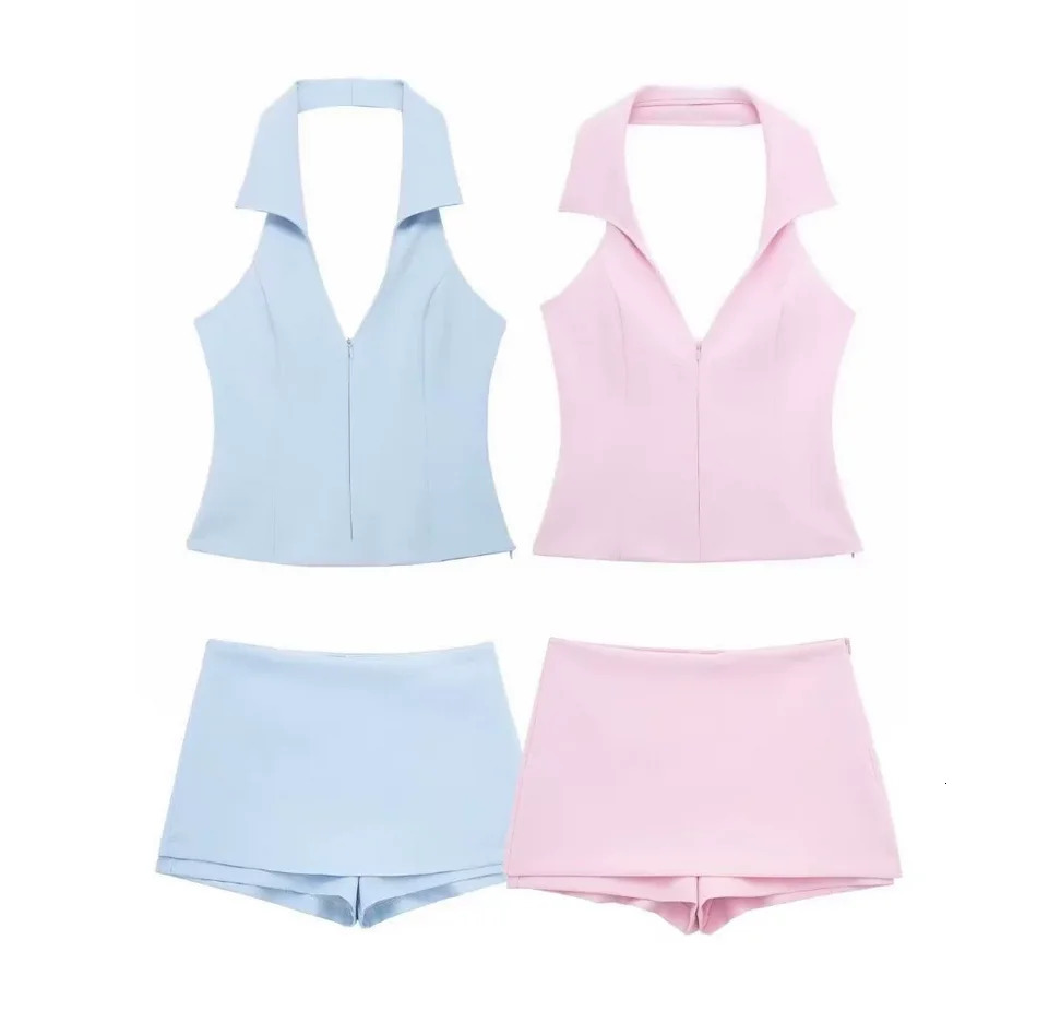 Women Summer 2 Piece Set High Waist Back Pocket Mini Skirts Shorts Sexy VNeck Sleeveless Backless Suspender Zipper Top 251020