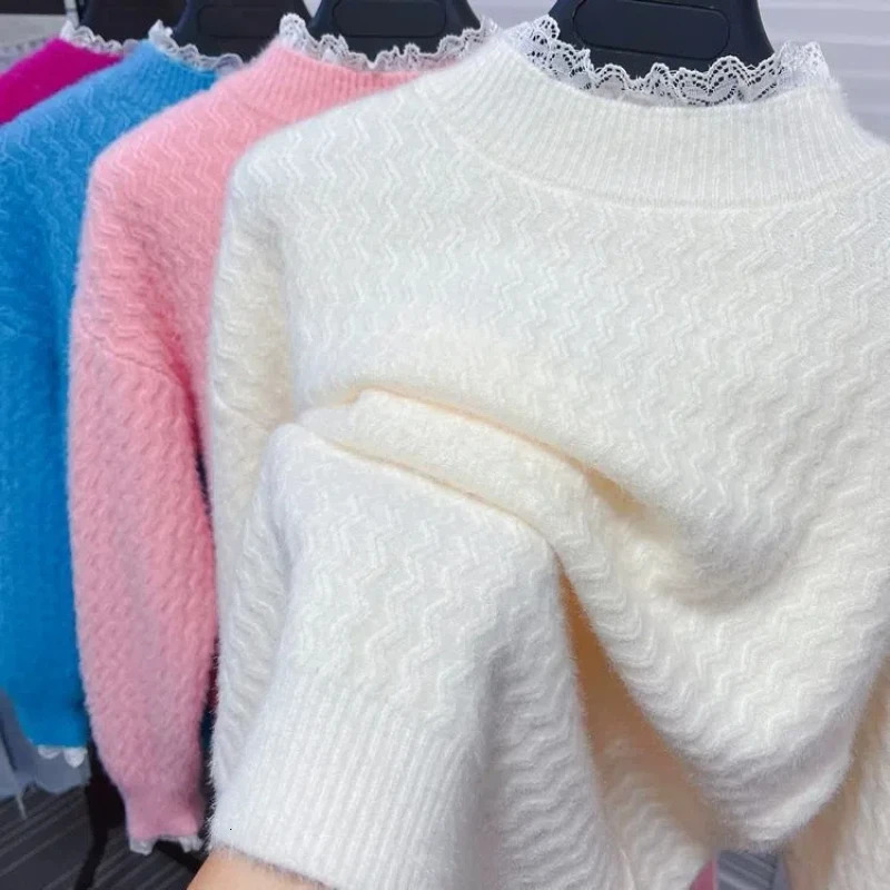 Autumn Winter Round Neck Screw Thread Long Sleeve Womens Clothing Pullover Lace Patchwork Solid Color Sweater Knitted Tops 251016