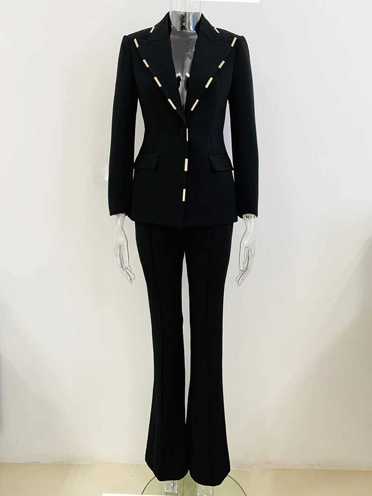 HIGH STREET Newest 2024 Designer Runway Suit Set Womens Single Button Metal Block Blazer Flare Pants SetT251022