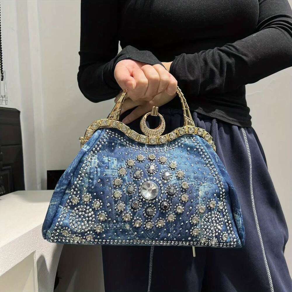 Women's Elegant Y2k Street Style Blue Floral Rhinestone Bag With Detachable Strap & Clasp Closure - Versatile For Work, Commuting, Dating, Partie