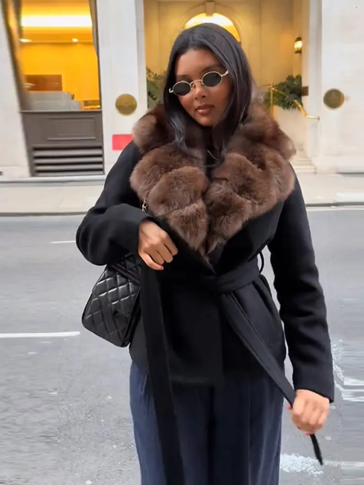 Elegant Fur Patchwork Short Warm Coat Women Lapel Lace Up Long Sleeve Coats Female Autumn Winter Lady Outwears 251021