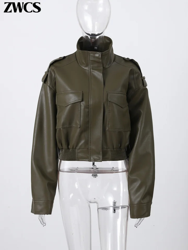 Vintage Zippers Short Leather Jackets Womens Casual Lapel Button Pockets Full Sleeve Coat Autumn Lady Chic Streetwear 251021