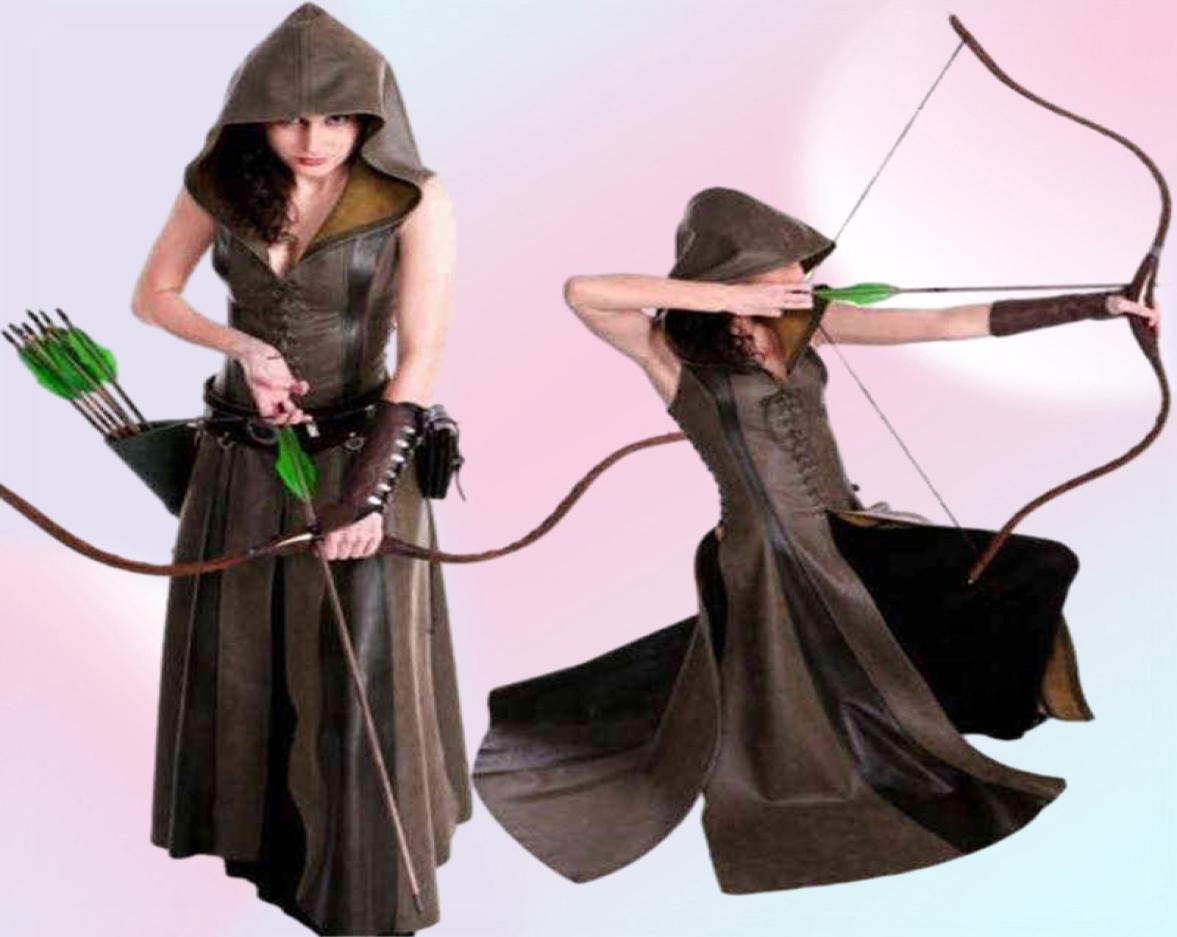 Medieval Cosplay Fashion Women Anime Viking Renaissance Hooded Archer Come Leather Long Dress Sleeveless Masquerade New T22084246229