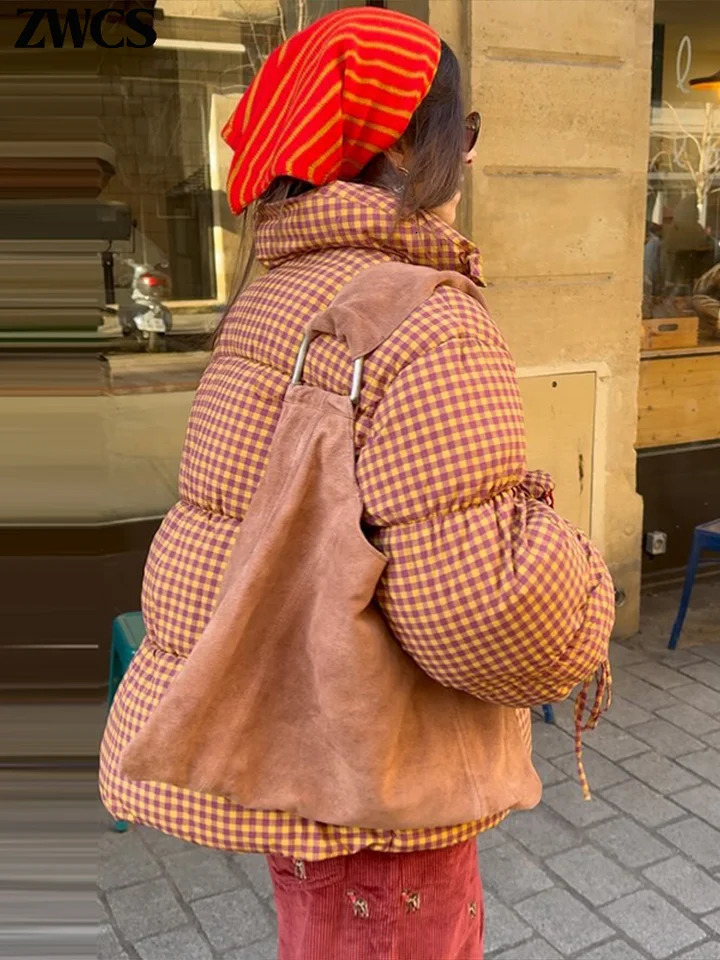 Loose Striped Cotton Padded Coat Womens Winter Zipper Lantern Sleeve Laceup Turn Down Collar Jacket Lady Warm Outwear 251017