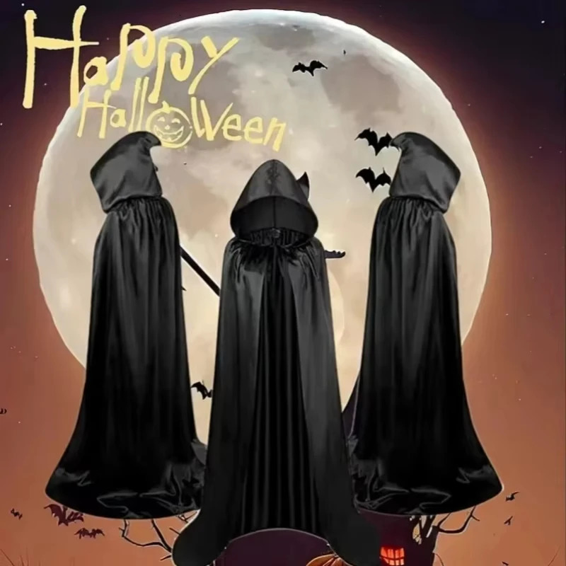 Halloween Masquerad Cloak Hooded Black Robe Witch Long Cape Cosplay Costume Prop Party Performance Supplies Holiday Decoration 251016