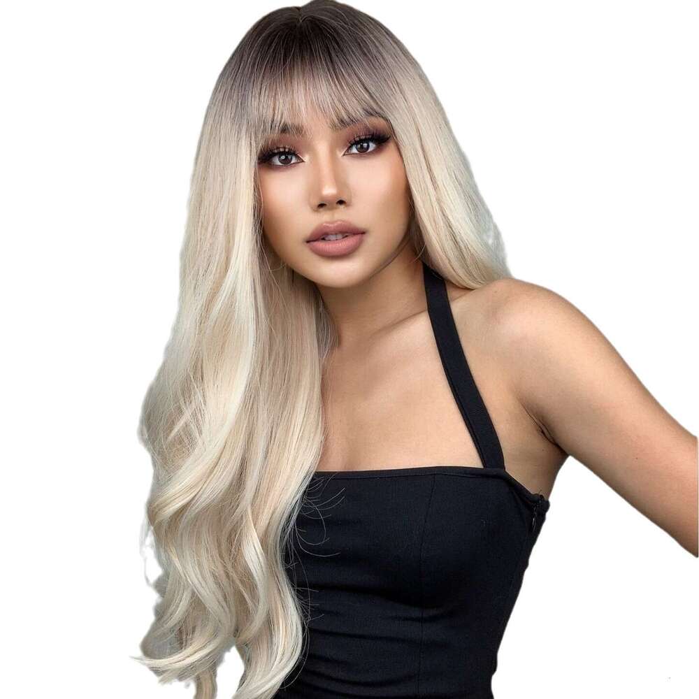 Women's Hair Bangs Long Curly Gradient White Gold New Hine-Made Synthetic Wig