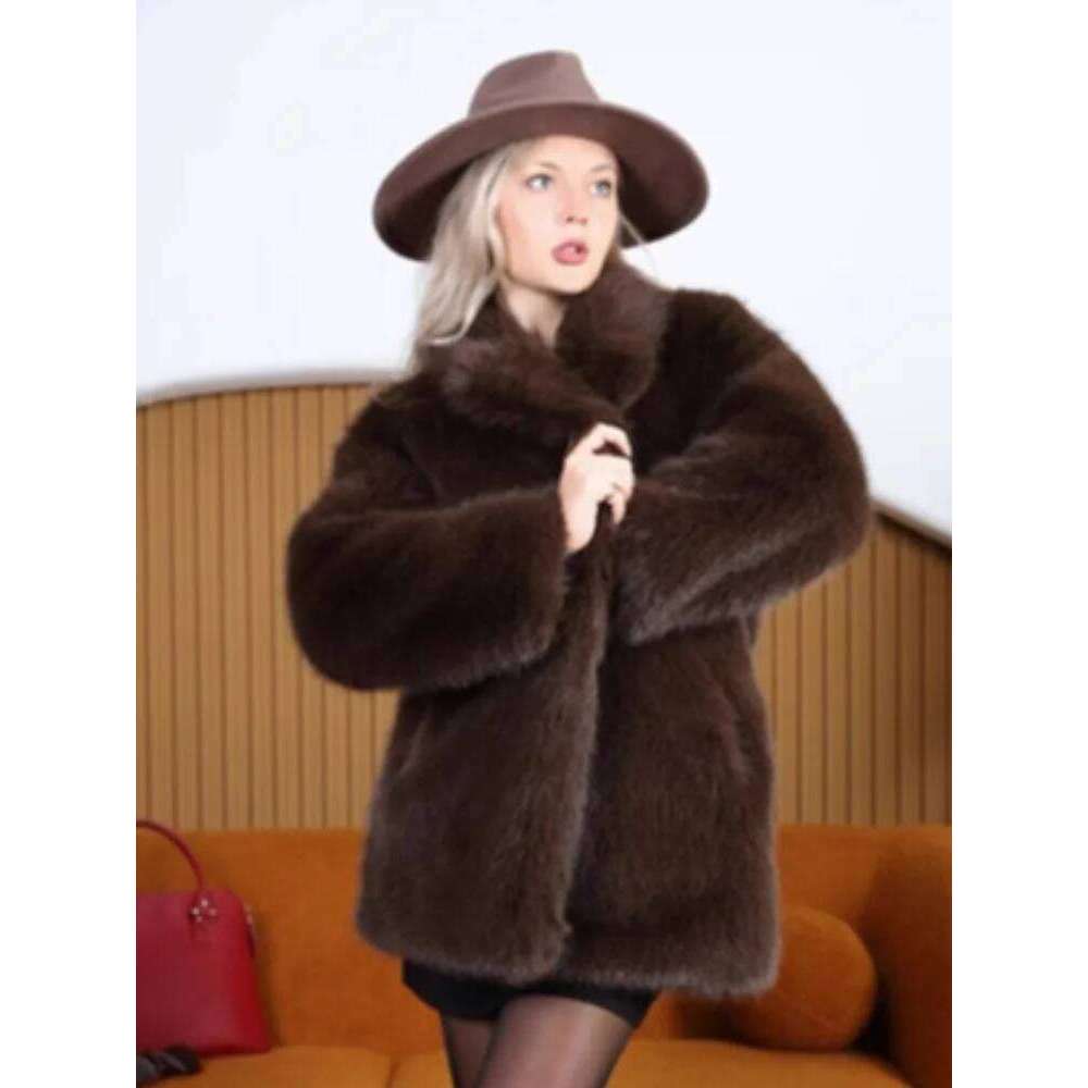 Fashion Women's Lapel Faux Fur Coat with Belt 2025 Winter Long Sleeve Female Thicken Warm Jackets Casual Lady Outerwear Street