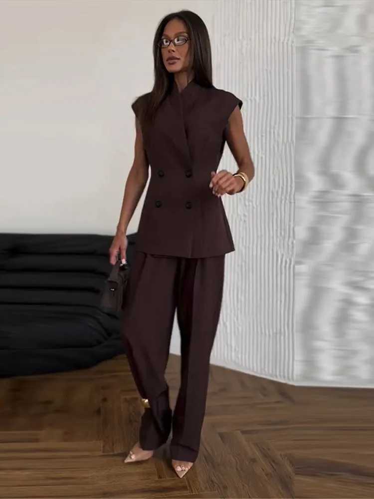 Elegant Solid Jacket Pants Set Women Sleeveless Double Breasted Stand Collar Top Straight High Waist Trousers Spring SuitT251022