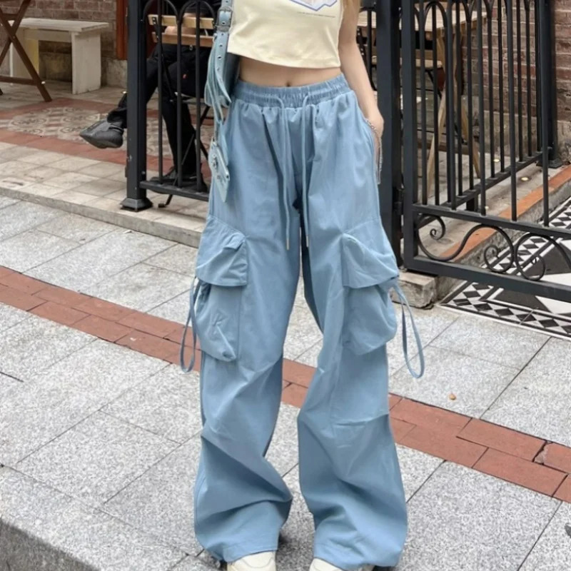 SweatPants Women Vintage Cargo Pants Fashion Elastic Waist Retro Oversized Solid Wide Leg Pant Casual Streetwear Baggy Trousers 251022