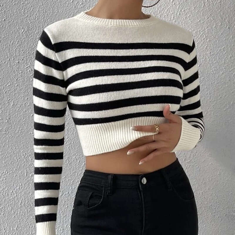2025 Autumn New Designer Striped Sweater - Women's Sexy Cropped Knitted Top, Versatile for Inner & Outer Wear with Trendy Vibe