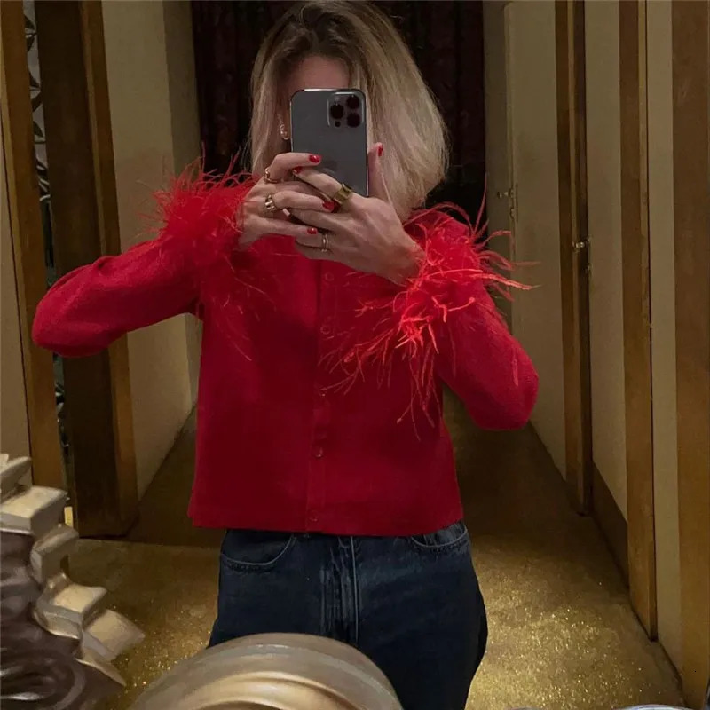 hirigin Fashion O Neck Sweater Tops Fur Feather Patchwork Long Sleeve Knitted Cardigan Spring Fall Slim Knitwear Top Streetwear 251016