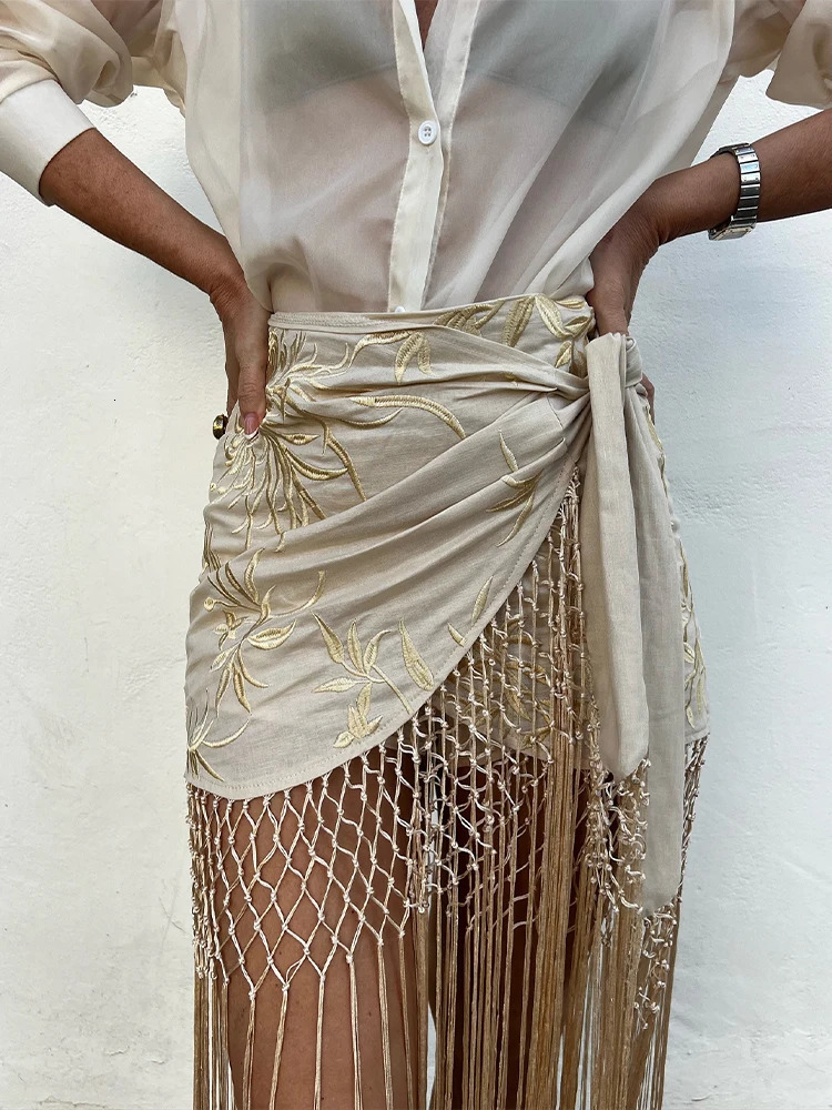 Elegant Print Tassel Splicing Midi Skirts Women Fashion Asymmetric Wrinkle Strap Bottom 2025 Summer Holiday Street Outfits 251022