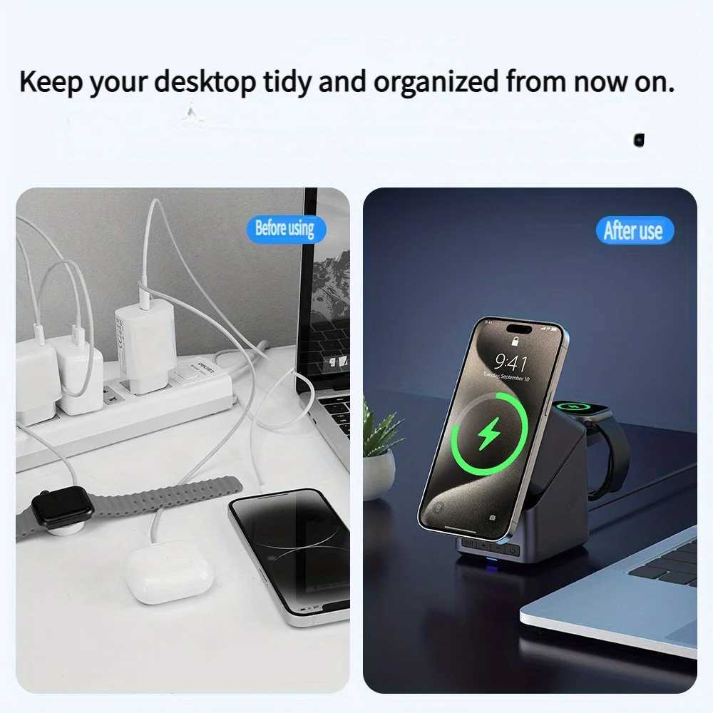 4 In 1 Magnetic Wireless Charger OneTouch 180 Rotation Digital Clock DisplayFast Charging Station For iPhone iWatch AirPods J251114