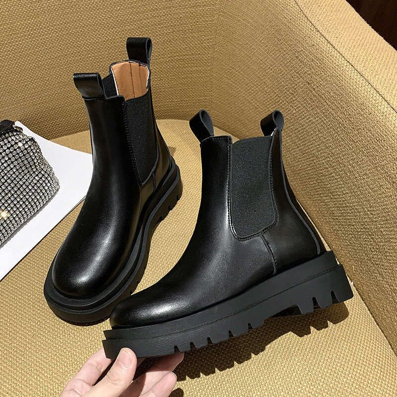 Free Shipping Slim Single for Women 2025 New Mid-Calf Ins Trend Martin Short Autumn Black Thick-Soled Chelsea Boots