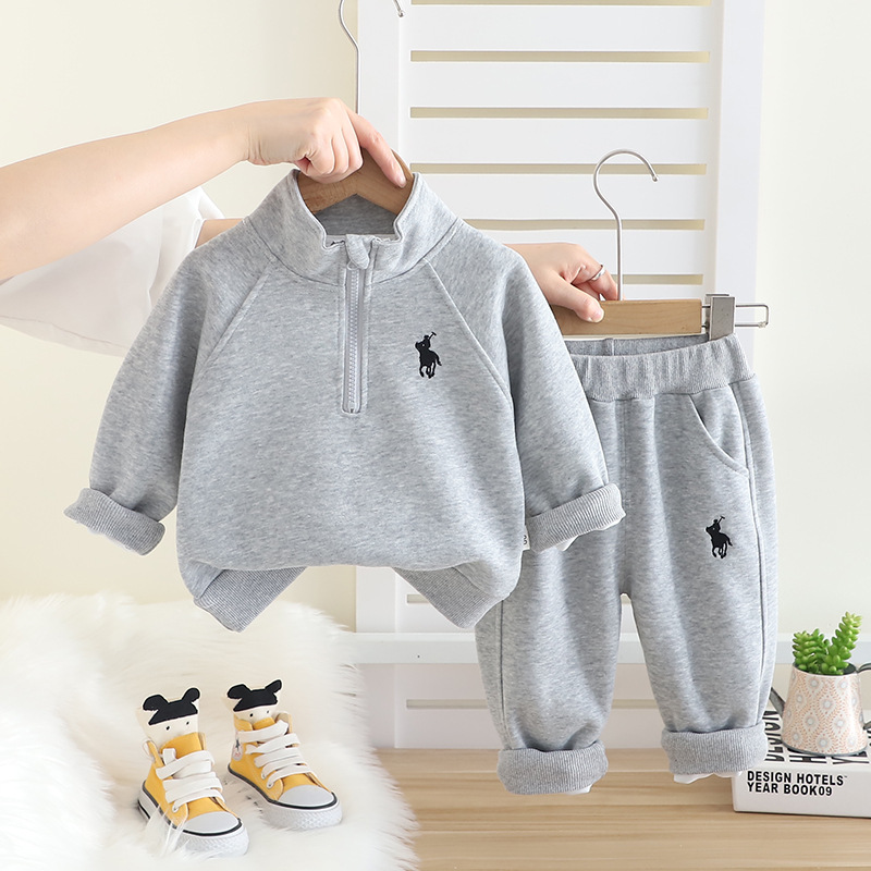 2025 New Boys 2-Piece Set, Stand Collar Embroidery Pullover Hoodie Outfit, Spring Autumn Casual Wear for Toddler Baby