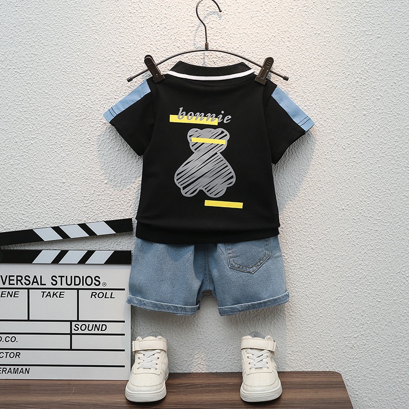 Free Shipping Boys 2-Piece Summer Set - Short Sleeve Polo Shirt and Denim Shorts, Korean Style Cartoon Print Collar Outfit