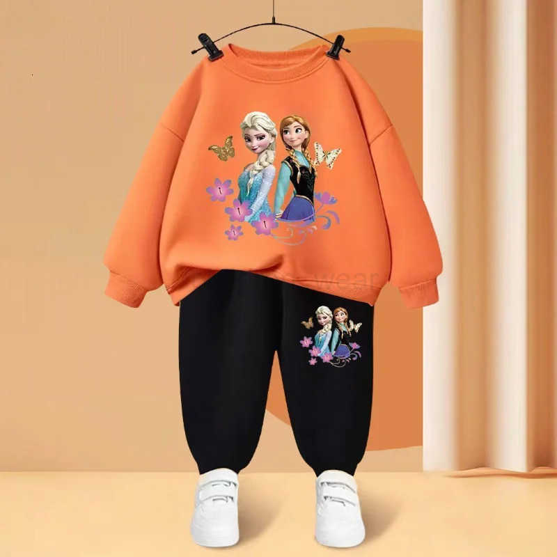 Disney Childrens Sweatshirt Sets Baby Girls O Neck Pullover Pants Two Piece Elsa Princess Cartoon Printed Kids Tracksuit H251022