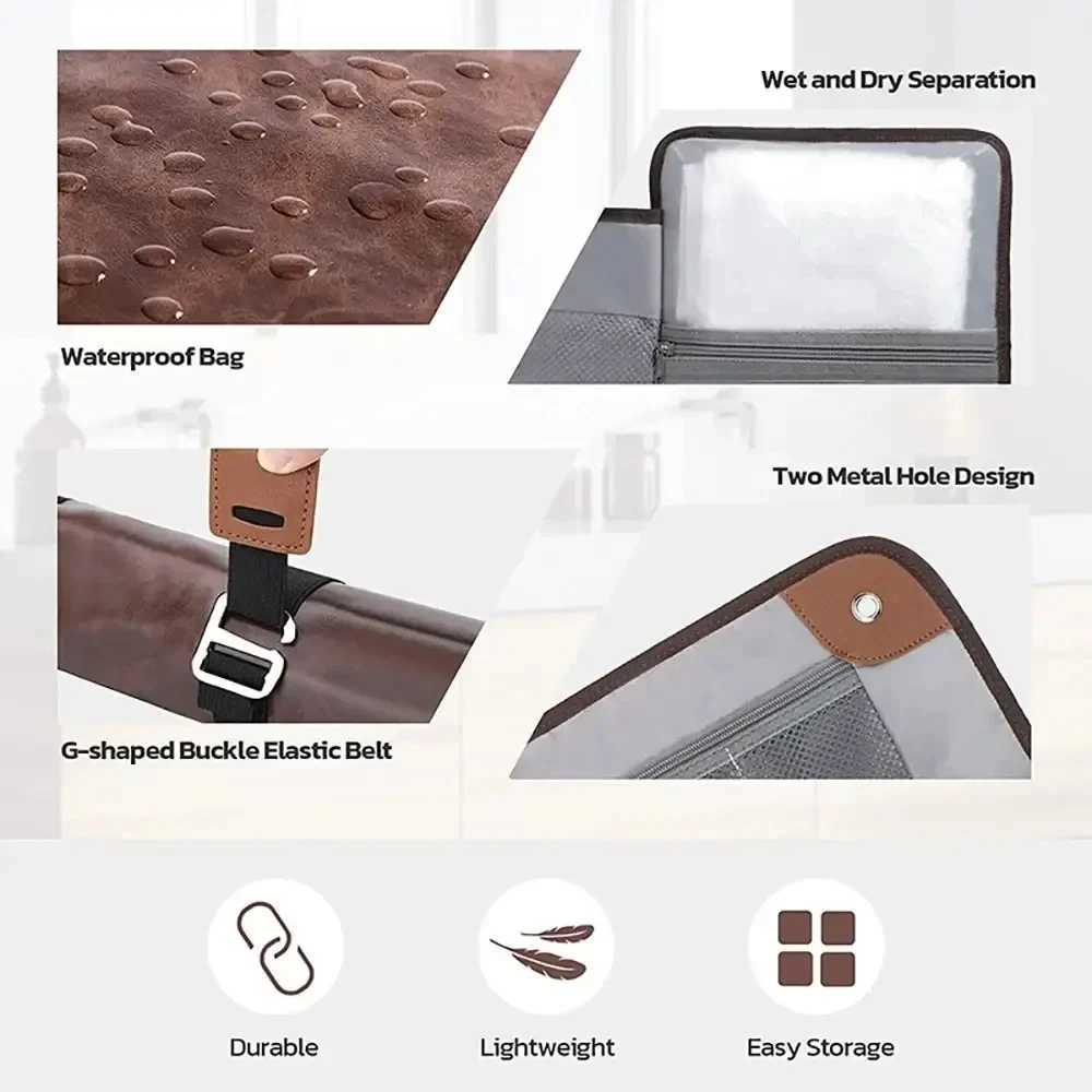 Toiletry Bag for Men Travel Organizer Hanging Bag WaterResistant Bathroom PU Leather Hygiene Bag Roll Up Dopp Kit Shaving BagW251021