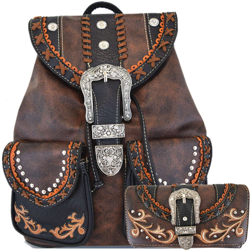 Western Style Tooled Buckle Studded Floral Women Country Backpack Bags Rucksack Daypack Biker Purse Matching Wallet Set